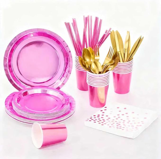 Iridescent Pink Party Supplies, Holographic Paper Plates and Napkins Set, Rainbow Disposable Paper Plates Cups Knives Spoons Fork Straw for Birthday Wedding Party Serve 25 (Pink)