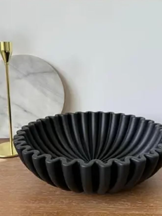 Large Decorative Bowl - 7.9in x 2.6in - White Decorative Bowls for Home Decor - Ruffle Decor - Fluted Bowl - Scalloped Bowl-Stylish Key for Entry Table(Black)