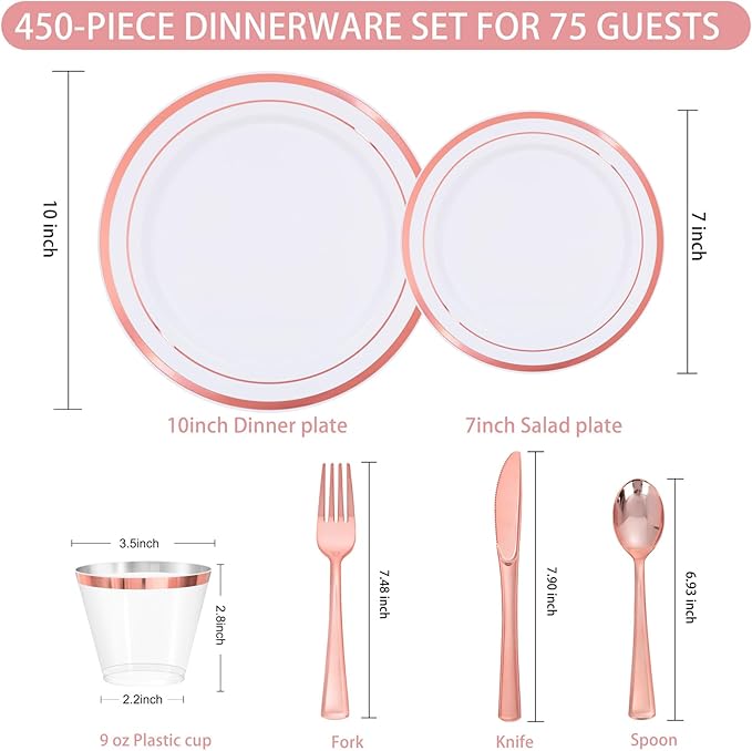 WELLIFE 450 PCS Rose Gold Disposable Dinnerware Set for 75 Guests, Mothers Day Plates, 75 Dinner & Salad Plate, Cups, Forks Knives Spoons for Wedding Reception and Valentine's Day