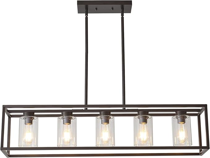 XILICON Oil Rubbed Bronze Farmhouse Chandelier Dining Room Lighting Fixture Hanging 5 Light Kitchen Island Lighting with Glass Shade for Dining Room