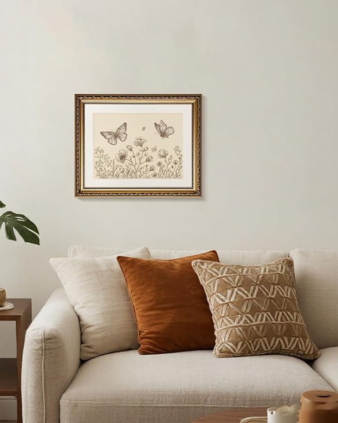 InSimSea Gold Picture Framed Wall Art, Vintage Butterflies Nursery Wall Decor, Neutral Wildflowers Botanical Canvas Print Art, Home Farmhouse Decor, Antique Paintings with Frame 13x16inch