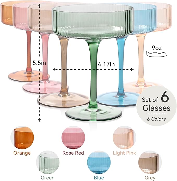 Colored Vintage Art Deco Coupe Glasses Set of 6 |Ribbed 9 oz Valentine's Day martini Glasses |Colorful Cocktail Glasses Set,Colored Coupe Glass,Champagne Coupe Glasses for Cocktail,Martini,Champagne