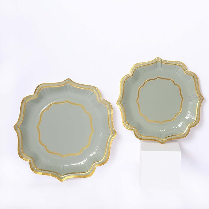 50 Pack 10" Sage Green/Gold Scallop Rim Dinner Plates, Disposable Round Paper Party Plates 300 GSM for Festive Table Decoration