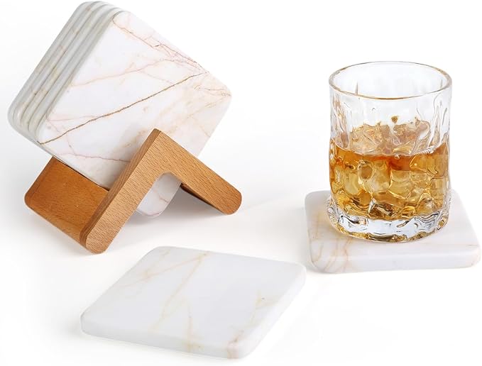 Koville Marble Coasters Set of 5, Square Coasters with Holder for Drinks, 4" Cup Coaster for Coffee Table Home Office Bar Decor, Heat Resistant Decorative Drink Coaster (White&Gold)