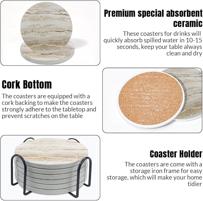 Ceramic Coasters Set of 6, Marble-Textured Design with Holder - Absorbent Cork-Backed Coasters for Cups, Bar & Coffee Table Decor Accessories (Khaki Marble, 6 Pack)