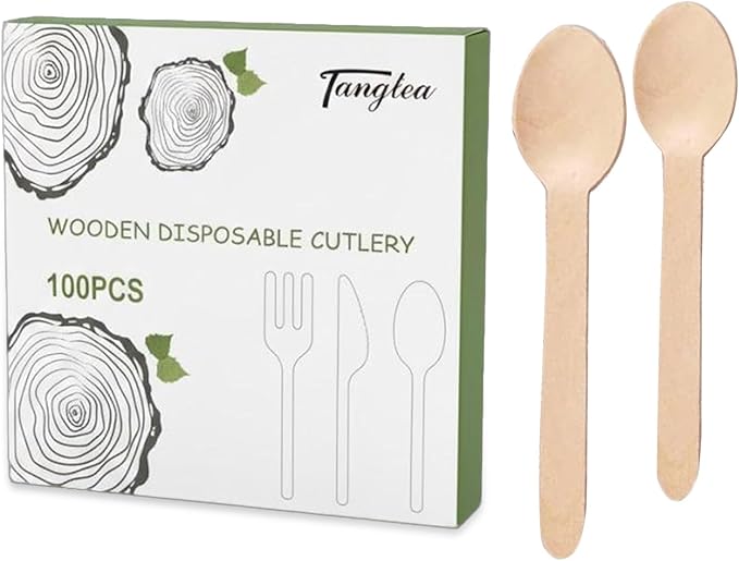 100 Pack Bamboo Spoons Disposable - 6 Inch Biodegradable Cutlery Set for Parties, Weddings & Camping - Heavy Duty, Compostable Birch Wood Utensils (Eco Conscious Alternative to Plastic) of TANGTEA