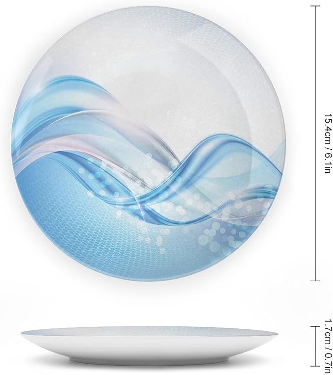 Ceramic Plates, Abstract Decorative Ceramic Plates, Modern Wavy Ocean Surfer Summertime Themed, 8 Inch, for Dining, Parties, Wedding, Pale Blue and White