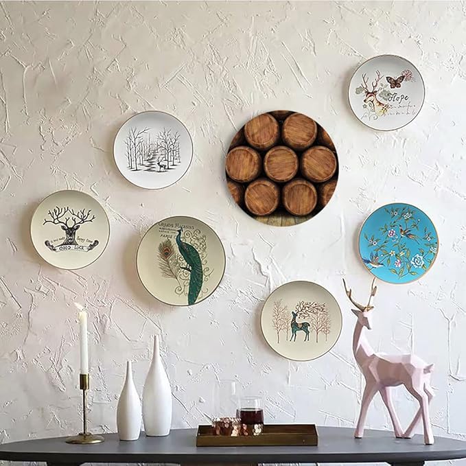 Ceramic Display Plate, Wine Ceramic Hanging Decorative Plate, Wall of Wooden Barrels, 7 Inch, Household Custom Ceramic Plate, Multicolor
