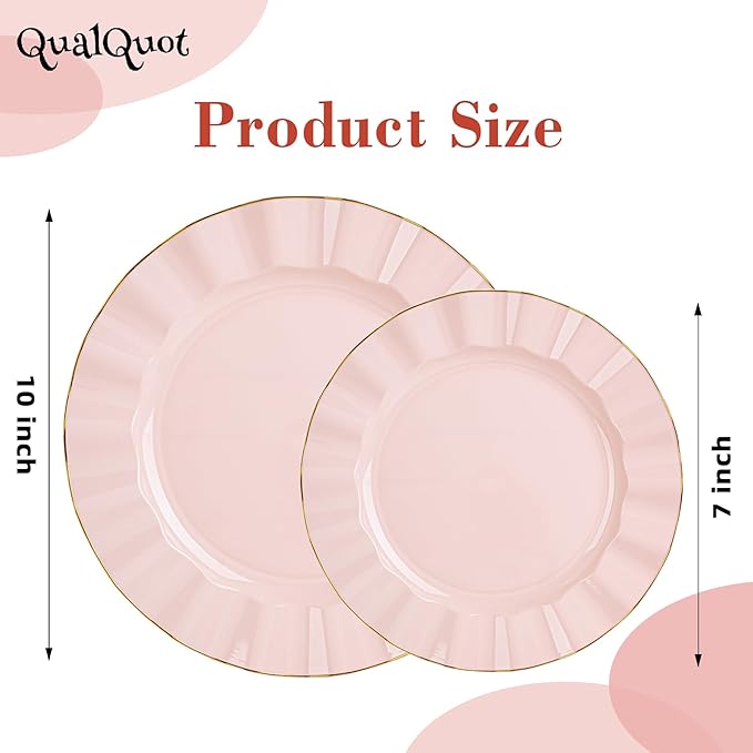 72PCS Pink Plastic Plates, Heavy Duty Disposable Party Plates with Gold Rim, 36 Dinner and 36 Dessert for Parties and Wedding