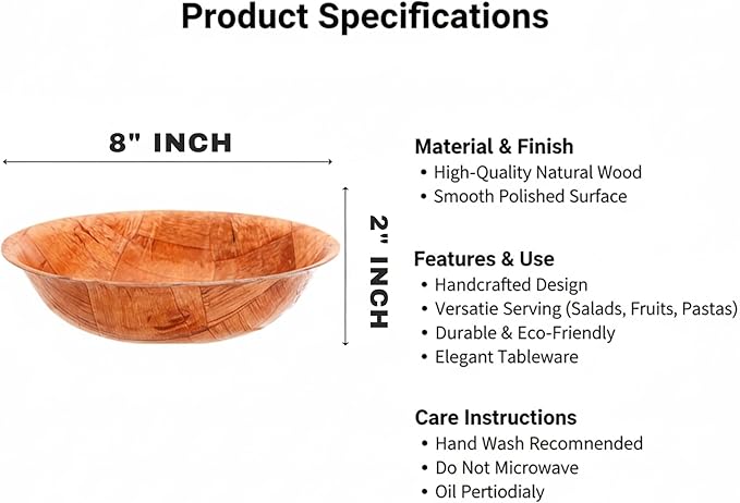 8-inch Wooden Serving Bowl, Set Of 6 | Round | Stackable | EZ To Wash | Great For Salads, Fruits, Snacks, And More [6PK]