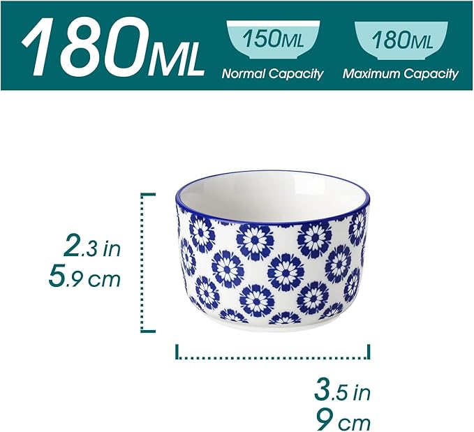 vancasso Selene 6 oz Ceramic Ramekins Set of 6, Microwave & Dishwasher Safe Souffle Cups for Baking, Dip & Sauce, Desserts, Handcrafted Blue Floral Bowls