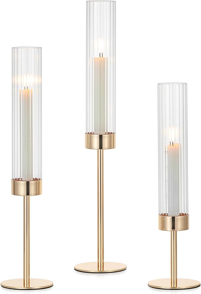 Hewory Gold Taper Candle Holders: Candlestick Holders Set of 3 Hurricane Glass Tall Candle Holder for Candlesticks Candle Sticks Holder Decor for Table Centerpiece Wedding Party Christmas Decorations