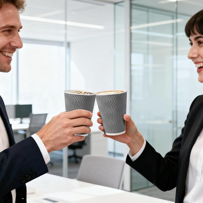 500 Pack 12 oz Coffee Cups, Disposable Corrugated Insulated Ripple Wall Paper Coffee Cups 12oz for Hot or Cold Drinks Office Home Cafe Party Travel (Grey)