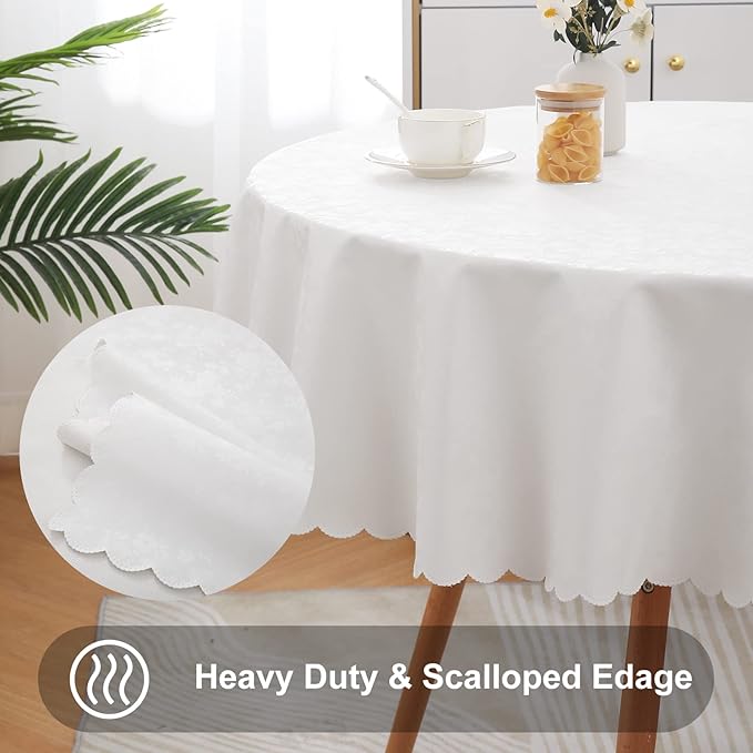 Smiry Round Table Cloth, Waterproof Heavy Duty Vinyl Tablecloths, Wipeable Washable Table Cover for Kitchen and Dining Room (White, 70" Round)