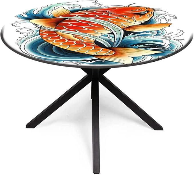 Round Tablecloth, Koi Fish Tablecloth for Side Table, Tattoo Style Japanese Wave, Fit Round Tables 32inch Diameter, Buffet Table/Parties/Holiday Dinner, Multicolor