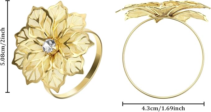 Hotop 50 Pcs Gold Napkin Rings Flower Napkin Holders Buckles Hollow Out Rhinestone Christmas Delicate Serviette Buckles for Thanksgiving Party Gathering Dinner Wedding Banquet Holiday Table Decor