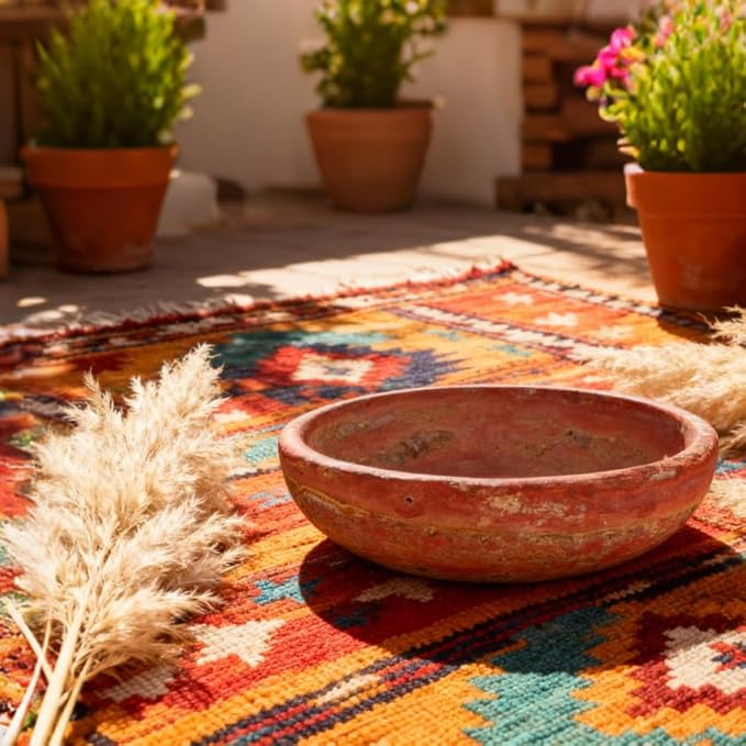Red Travertine Bowl, 7.8" Natural Stone Centerpiece for Bohemian Entryway & Office Desk Home Decor, Handmade Decorative Key Fruit Bowl, Earth Tone Jewelry Dish, Vibrant Tabletop Art