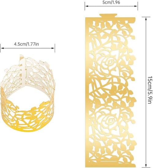 100pcs Disposable Rose Flower Paper Napkin Rings Laser Cut Foil Paper Napkin Holder, Leaf Vine Serviette Rings for Table Decoration,Christmas,Wedding,Party (Gold)