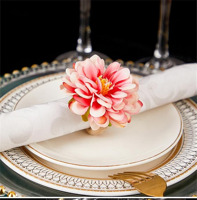 Floral Napkin Rings Set of 6,Rustic Rose Napkin Rings Flower Dinner Napkin Holder for Table Decoration (34#Pink)