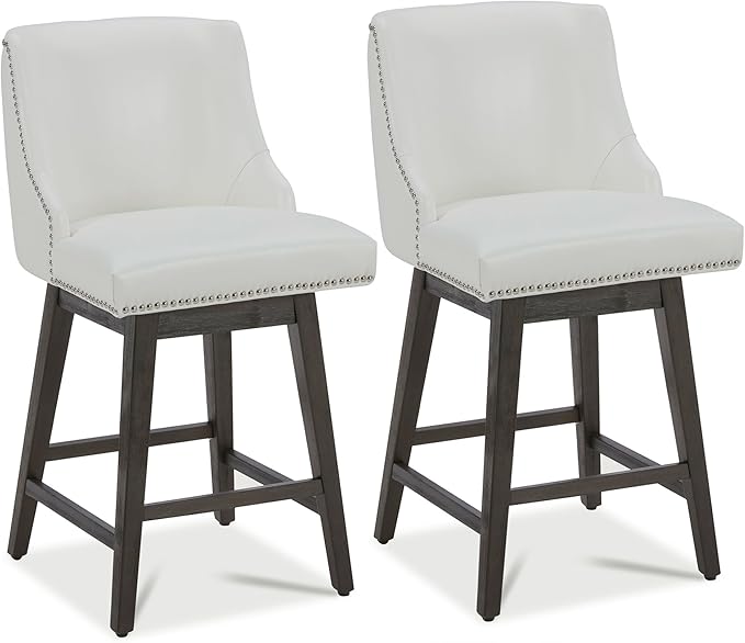 CHITA Counter Height Swivel Bar Stools Set of 2, FSC Certified Upholstered Counter Stools, Modern Swivel Barstools with Wood Legs for Kitchen Island, 26" Seat Height, Faux Leather in White