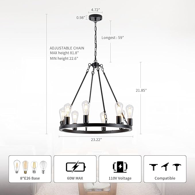 8-Light Wagon Wheel Chandelier, Farmhouse Chandelier Dining Room Light Fixture, Black Round Industrial Rustic Pendant Lighting, Vintage Hanging Lights for Kitchen Island Living Room Bedroom Entryway