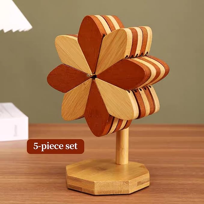 Wooden Placemats - Tree Washer Set, Wooden Pinwheel Coaster Set with Stand for Easy Storage - for Fondue pots, Pans, Bowls, teapots, Warming Trays - Versatile Decorations (Windmill placemats 5 pcs)