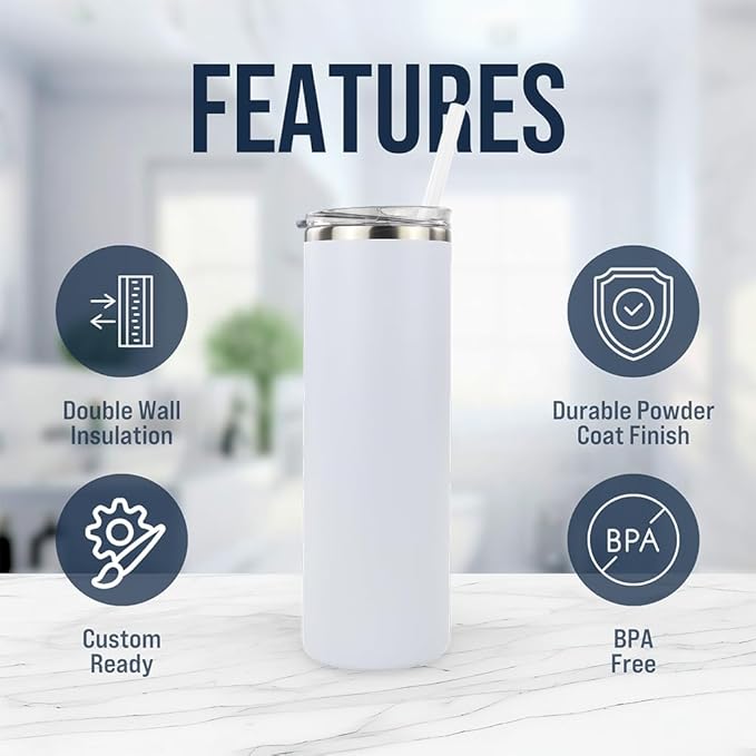 Hogg 20 oz Skinny Case (24 Units) - White, Powder Coated Tumblers for Laser Engraving, Engravable Tumblers Bulk, Stainless Steel Cups Bulk, Insulated Cups with Lids and Straws