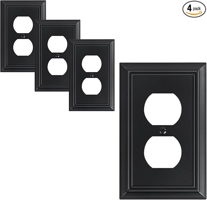 4-Pack Duplex Outlet Cover Plate, Decorative Matte Black Switch Plates and Outlet Covers, Natural Bamboo Fiber Wall Plates for Electrical Outlets, 1 Gang Receptacle Cover, Corrosion Resistant
