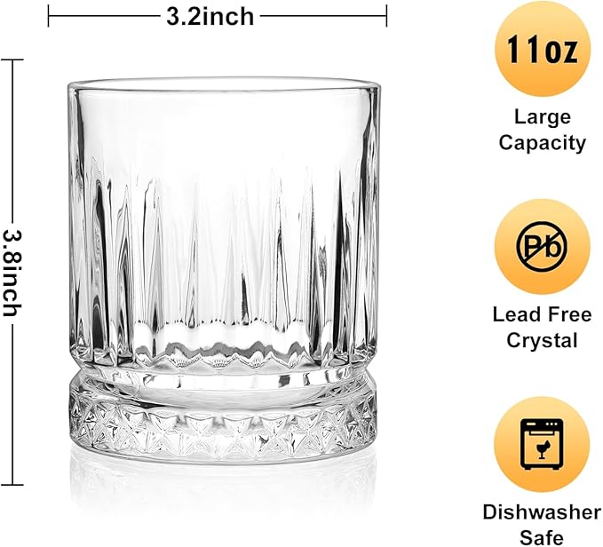 Whiskey Glasses Set of 6, 11oz Old Fashioned Cocktail Glasses, Lead-free Crystal Scotch Bourbon Glass, Whiskey Tumblers for Scotch Bourbon