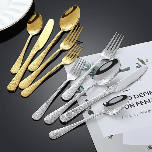 40-piece flowers TWEE Silverware Set for 8, Palace Style Stainless Steel Flatware Cutlery Serving Utensils, Eating Tableware for Home Kitchen Hotel Restaurant, Mirror Polished