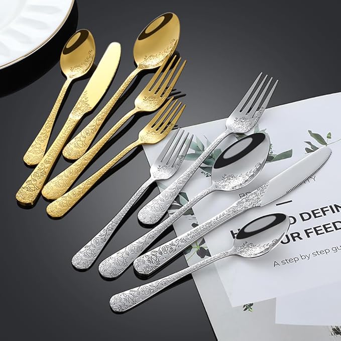 30-piece flowers Gold TWEE Silverware Set for 6, Palace Style Stainless Steel Flatware Cutlery Serving Utensils, Eating Tableware for Home Kitchen Hotel Restaurant, Mirror Polished