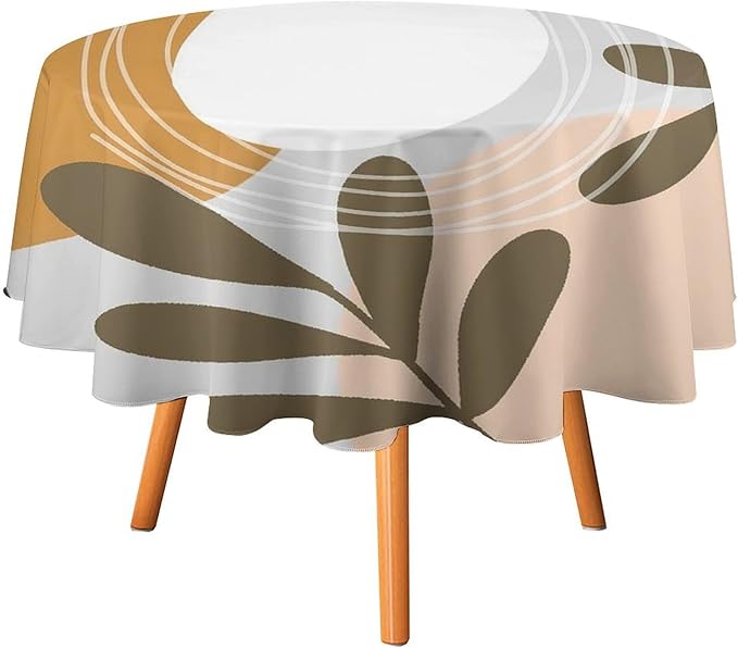 Boho Mid Century Round Tablecloth, Bohemian Abstract Modern Leaves Tablecloth for Home Party Dining Room Kitchen Decor 50Inch(127cm)