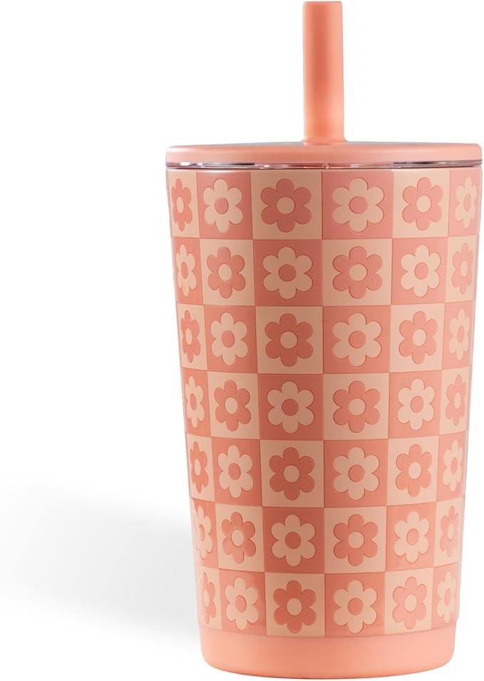 HydroJug Everyday Tumbler 14 oz – Ceramic-Lined Insulated Tumbler with Straw and Soft-Touch Lid, Cup Holder Friendly, Double-Wall Vacuum Insulation, Reusable Travel Cup – Daisy Checkers