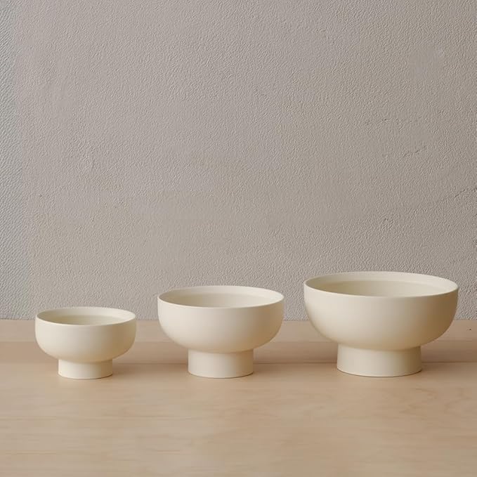 WENSHUO High-foot Deep Fruit Bowl, Ceramic Pedestal Decorative Bowl, Round Bowl for Salad, Small Size (Matte Crème, 6.7")