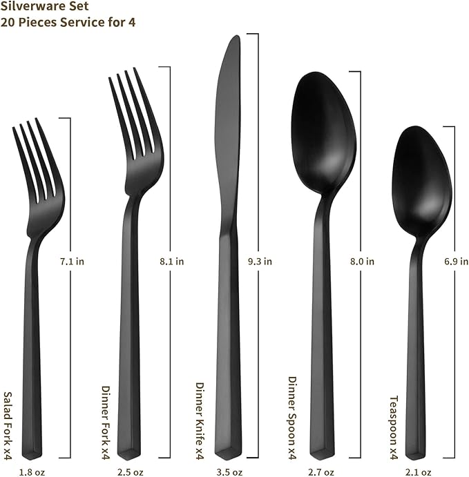 Alata Cube Matte Satin&Cube Black 20-Piece Forged Silverware Set Stainless Steel Flatware Set