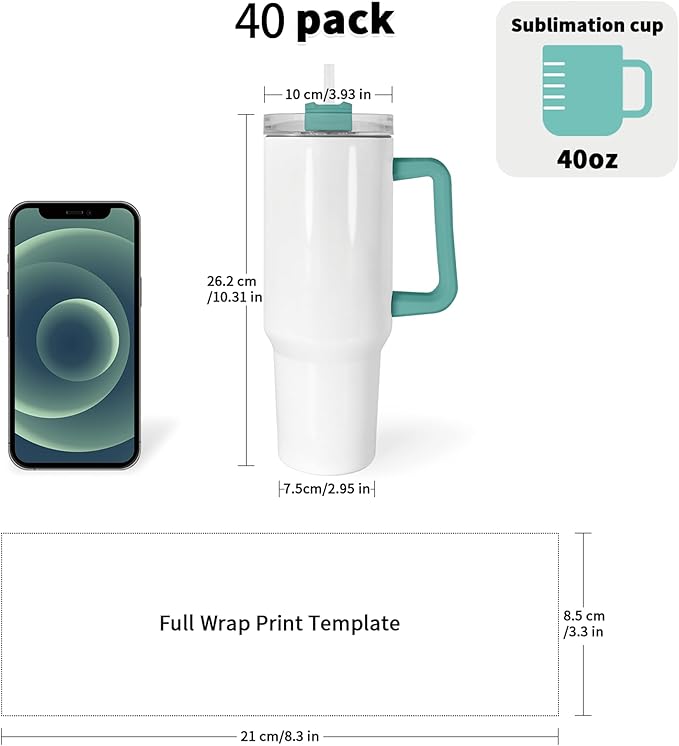 40 oz Sublimation Tumblers 40 Pack with 5 Color Handle Lid and Straw Stainless Steel Double Wall Vacuum Insulated Travel Mug Cup Bulk Blank for DIY Gift