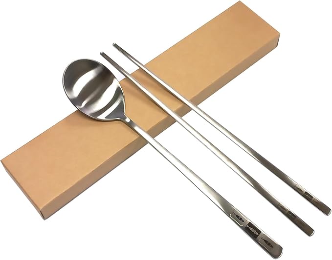 SUPIA Korean Traditional Cutlery Stainless Steel Spoons and Chopsticks Set Tableware with Long-hand, Reusable (Silver Fish)