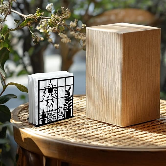 Potted Plant Decorative Black Metal Napkin Holder for Table, 4.9"x5.3"x1.9" Window Sill Hanging Basket Standing Napkin Holder for Home Kitchen Restaurant Picnic Party Coffee Bar Dining Room
