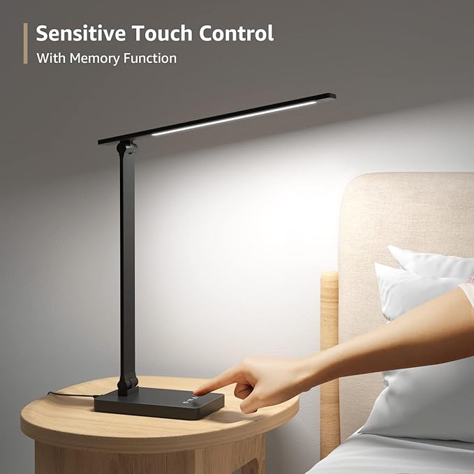 Lepro LED Desk Lamp with USB Charging Port,650LM Dimmable Home Office Touch Control Reading Table Lamp,5 Color Modes with 5 Brightness,College Dorm Room Essentials, Eye Caring, Sewing, Crafting, Black