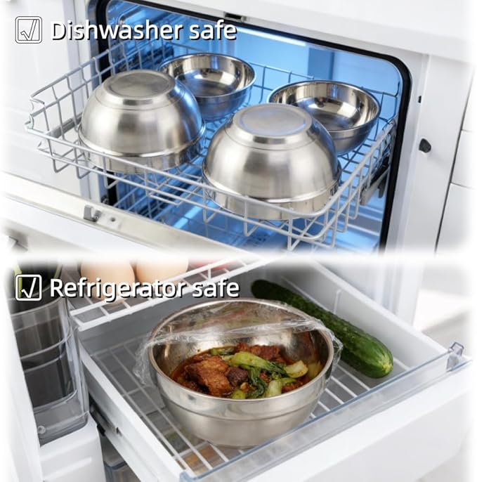 10pcs stainless Steel Bowls Set，5.1Inches Double Walled Insulated Large Serving Rice Cereal Salad noodle Bowl ， Unbreakable Deep Bowl， for kitchen Restaurant Dishwasher Safe