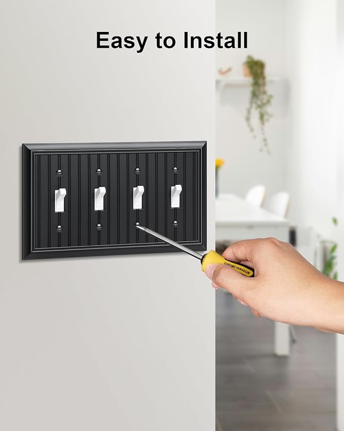 2-Pack Classic Beadboard Quad Toggle Light Switch Cover Plate, Black Decorative Switch Plate Covers, Natural Bamboo Fiber 4 Gang Wall Plate for Toggle Switch and Rotary Dimmer Switch