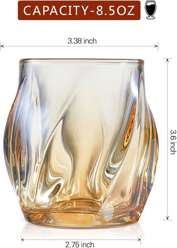 Whiskey Glasses Set of 2, Rocks Glass, 8.5 OZ Drinking Glasses, Creative Twisted Crystal Old Fashioned Cocktail Glass Tumbler for Bourbon, Scotch, Tequila, Cognac, Rum