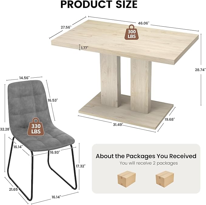 Modern 5-Piece Dining Table Set for 4, 46" Pedestal Dining Room Table with 4 Leather Chairs, Small Space Saving Kitchen Table Set, Natural Wood Finish Rectangle Table for Home & Apartment