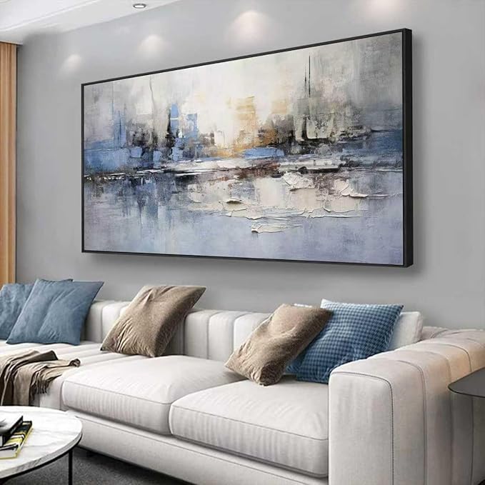 Abstract Wall Art Blue and White Reflection Large Size Framed Artwork Wall Decor Canvas Painting Stretched Canvas Wooden for Living Room Bedroom Office Home Decor Frame ready for hanging 31"x70"