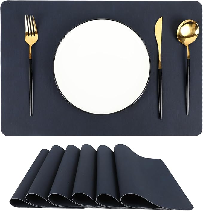 Dark Blue Reversible Faux Leather Placemats – Set of 6 Waterproof, Heat-Resistant & Easy-to-Clean Table Mats for Modern Dining