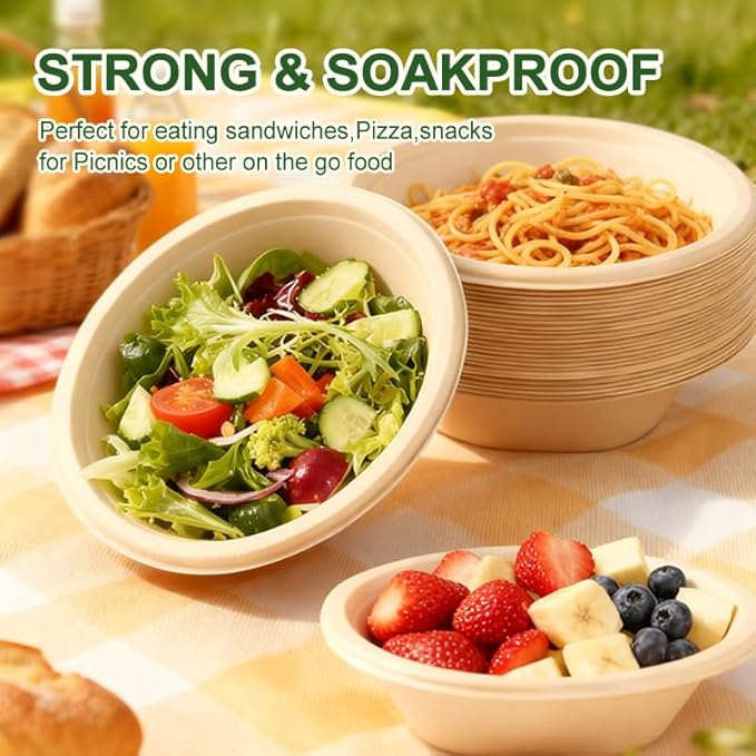 Disposable Bowls, 32 oz,100pack,bagasse,sugarcane Compostable, Natural Fiber, Round Shape, Bulk Pack