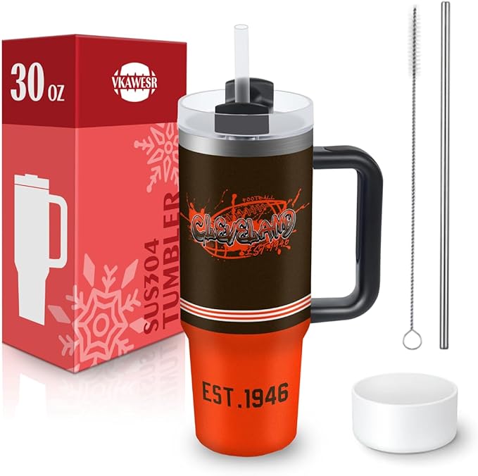Cleveland 30 oz Tumbler with Handle and Straw,Car cup,Coffee Mug,100% Leakproof Insulated Tumbler with Lid and Straw,Made of Stainless Steel,Cup Holder Friendly Base,Classic Collection Gifts for Fans