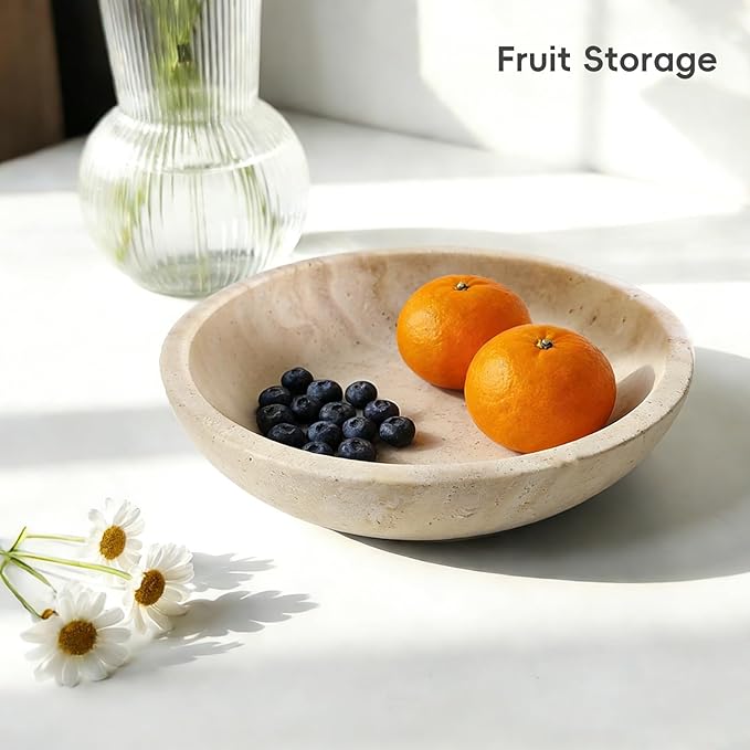 Marble Decorative Bowl for Kitchen Counter, Natural Travertine Serving Bowl with,Modern Display Bowl for Dining Table Centerpiece Home Decor(7.8 Inch)