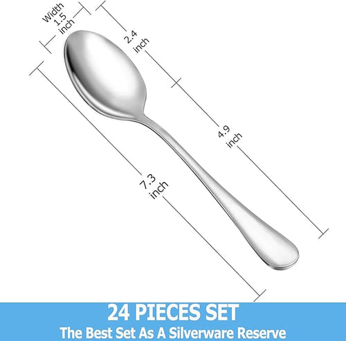 24 Pcs Dinner Spoon Set,Premium Food Grade Stainless Steel Spoons,Durable Metal Spoon,Tablespoon,Spoons Silverware Only,Mirror Finish & Dishwasher Safe,Use for Home,Kitchen and Restaurant - 7.3 inch