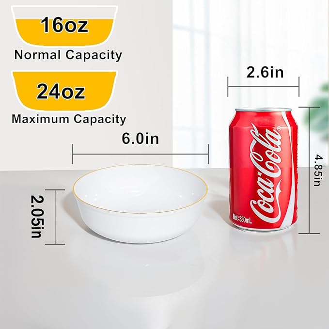 I00000 30 Pack White Plastic Bowls with Gold Rim,16 oz Disposable Soup Bowls,Premium Heavy Plastic Serving Bowls Ideal for Thanksgiving Party